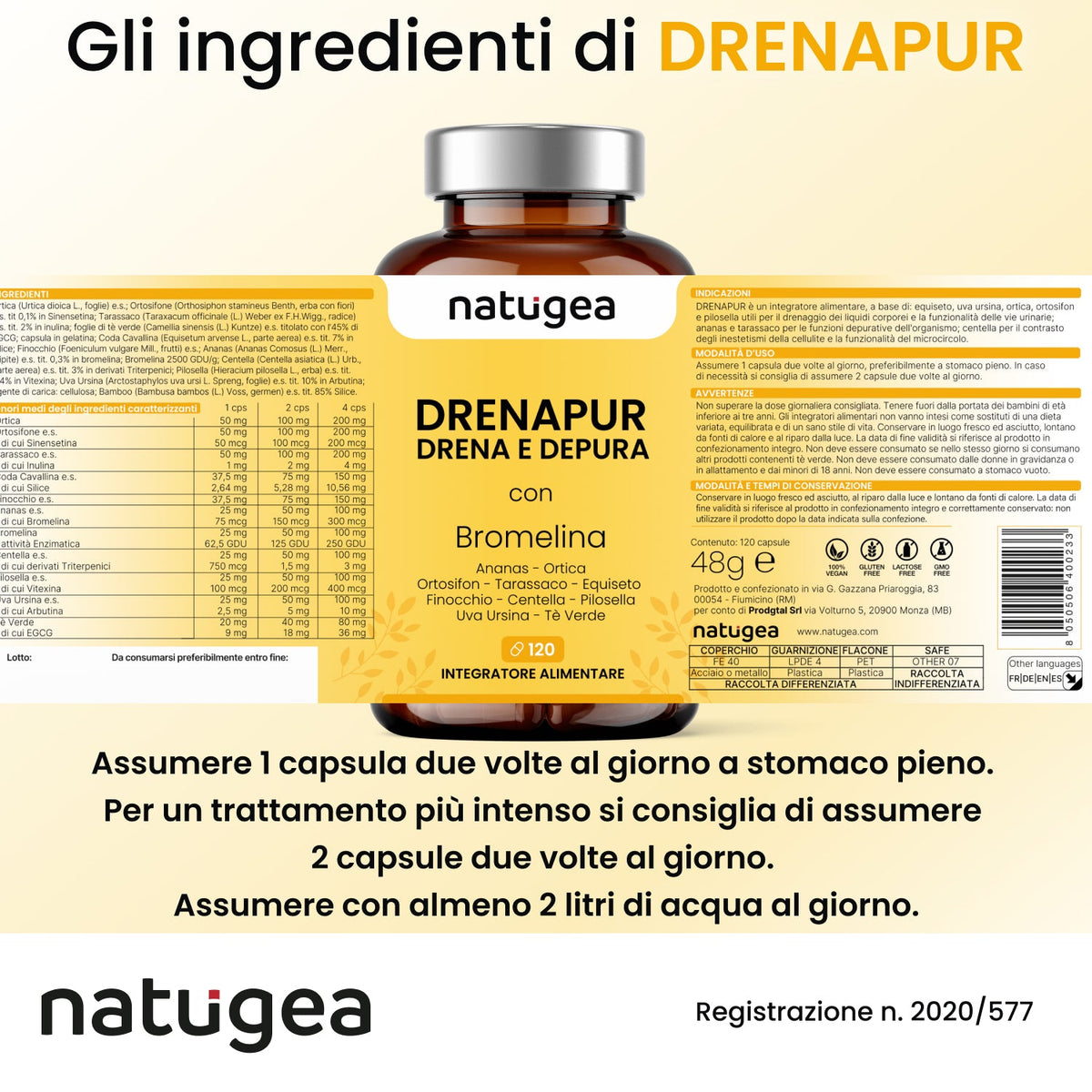 Ananas, centella, ortosifon e tarassaco · 120 capsule