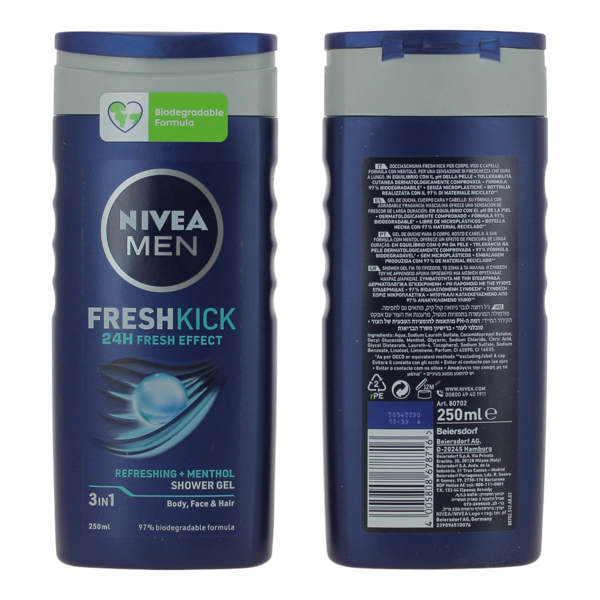 Nivea Men Cool Kick / Fresh Kick, doccia shampoo 250 ml — vista fronte e retro della stessa confezione
