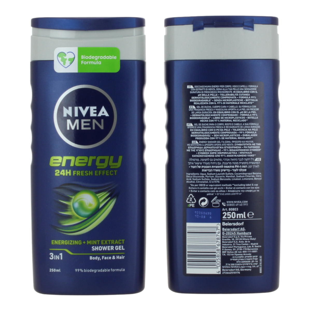Nivea Men Doccia Shampoo Energy 250 ml — vista fronte e retro della stessa confezione