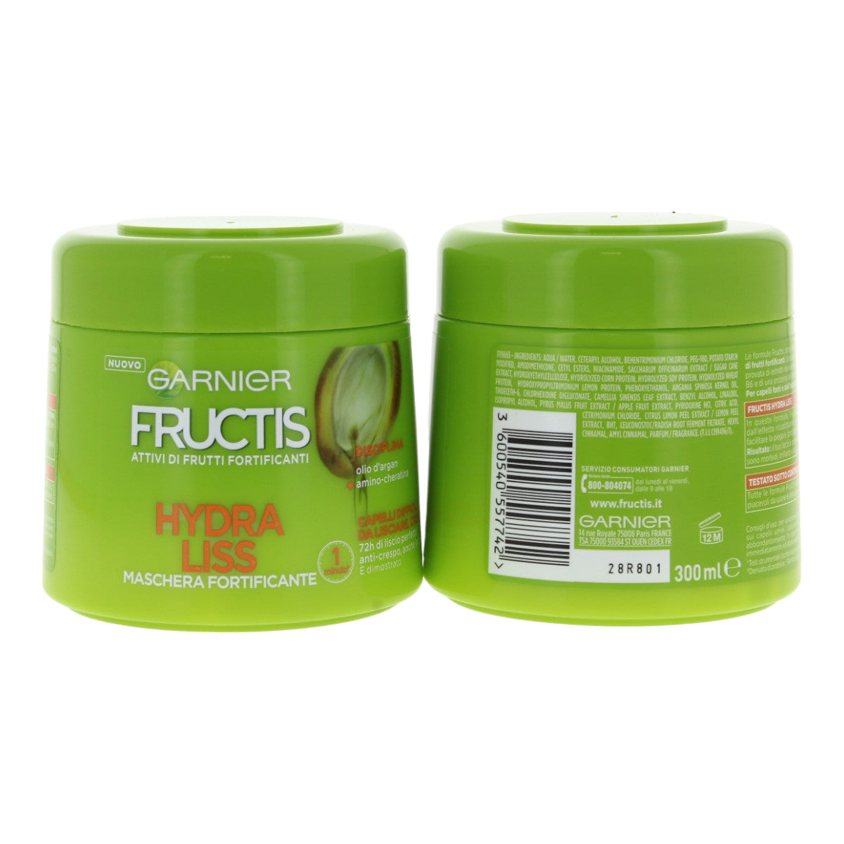 Garnier Fructis Maschera Fortificante Hydra Liss 300 ml — vista fronte e retro della stessa confezione