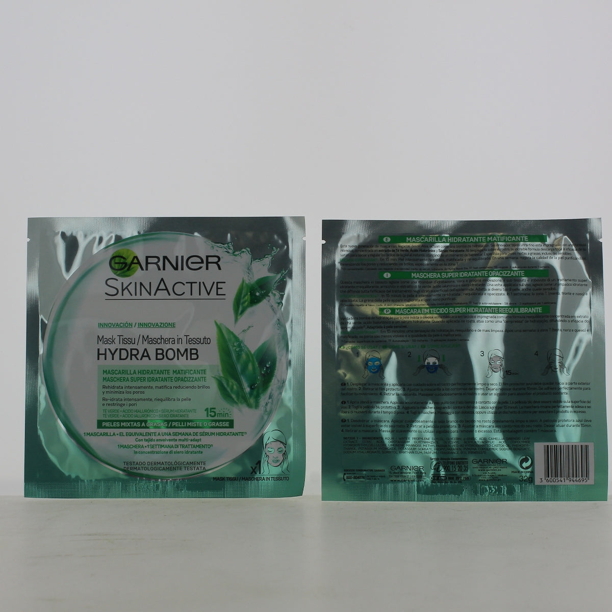 Garnier Skin Active Maschera Hydra Bomb Opacizzante 32 g — vista fronte e retro della stessa confezione