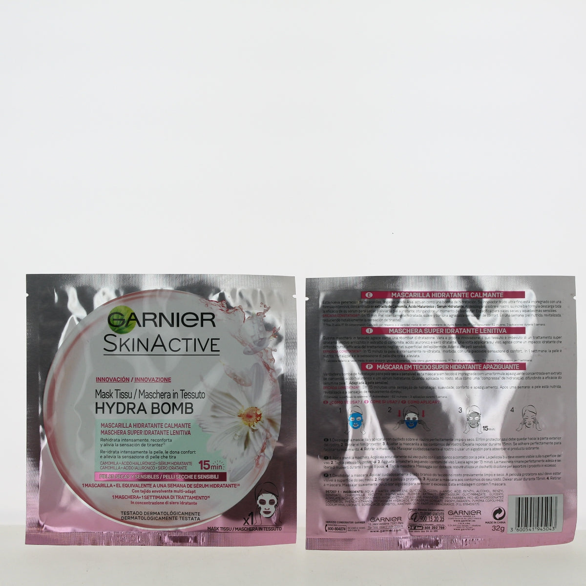 Garnier SkinActive Hydra Bomb, maschera in tessuto lenitiva — vista fronte e retro della stessa confezione